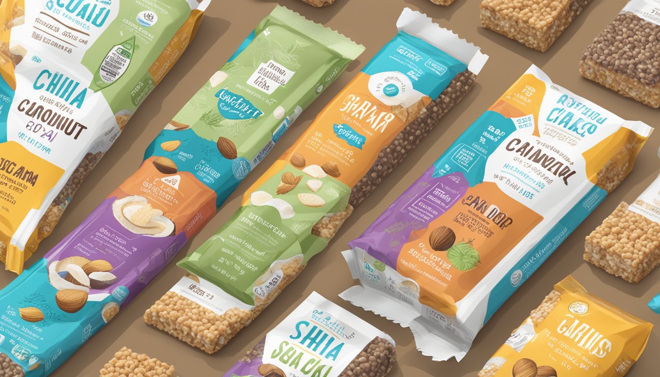 A coconut chia bar surrounded by other snack options, with a focus on the nutritional facts label