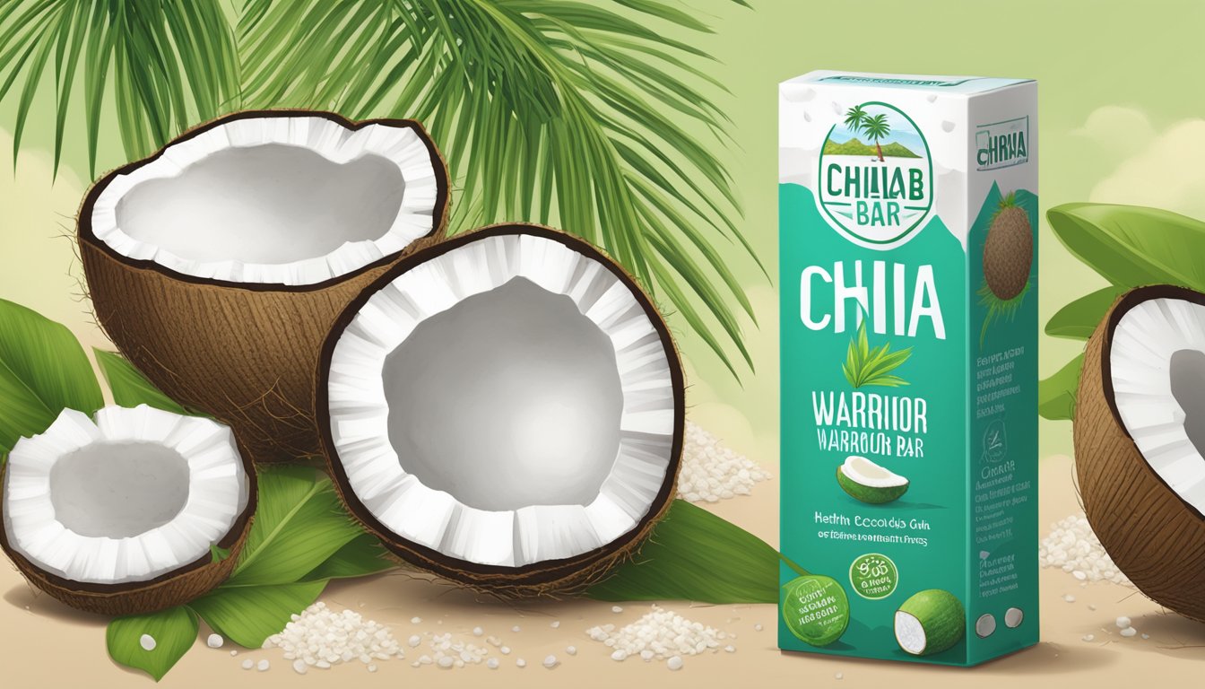 A Health Warrior Chia Bar Coconut surrounded by chia seeds, coconut pieces, and a coconut tree