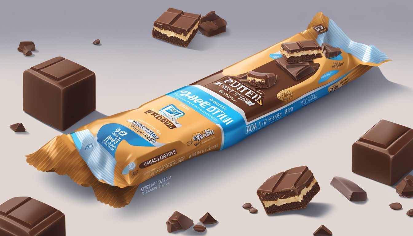 A Pure Protein Bar Chocolate Deluxe surrounded by scattered nutritional facts