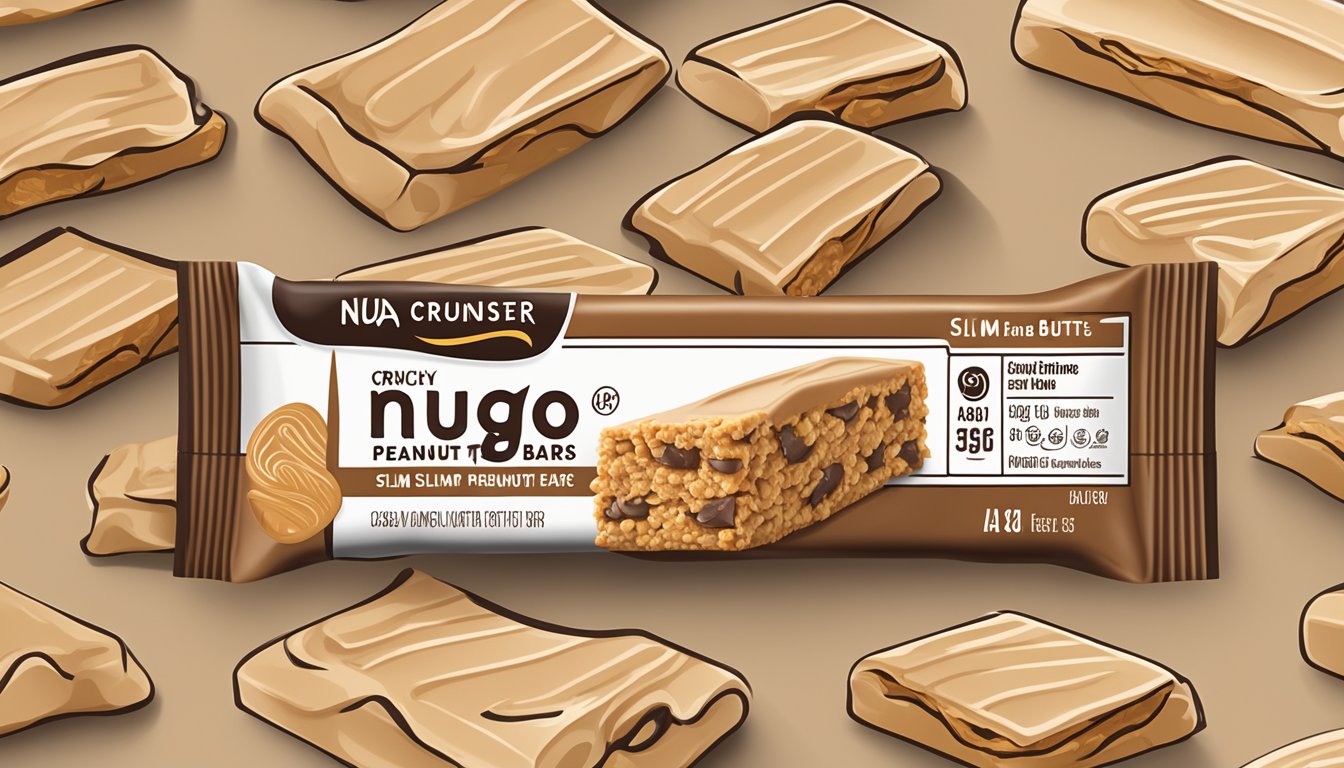 A close-up of NuGo Slim Crunchy Peanut Butter bars with a focus on the packaging and nutritional facts label