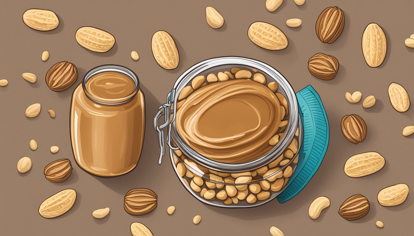 A jar of NuGo Slim Crunchy Peanut Butter surrounded by peanuts and a measuring scale