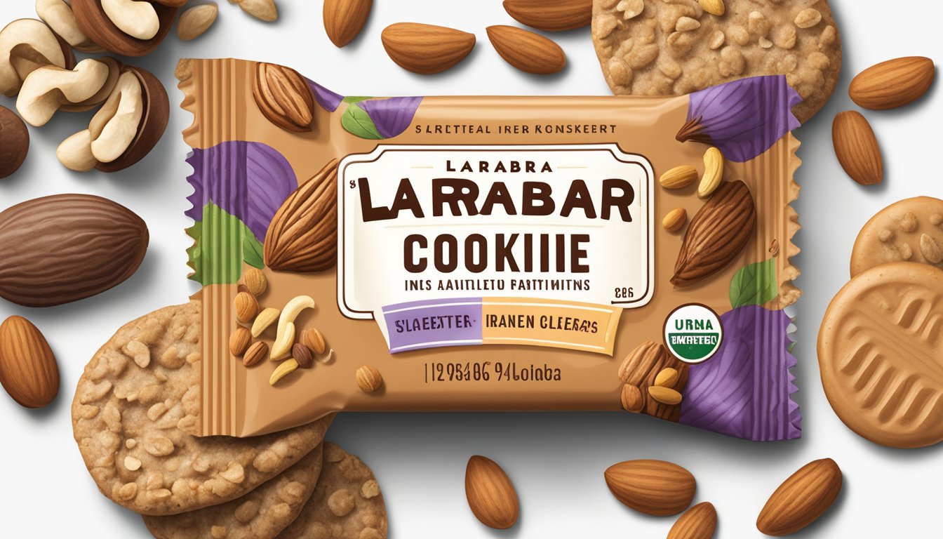 A Larabar Peanut Butter Cookie surrounded by various nuts and seeds, with a focus on the nutritional label