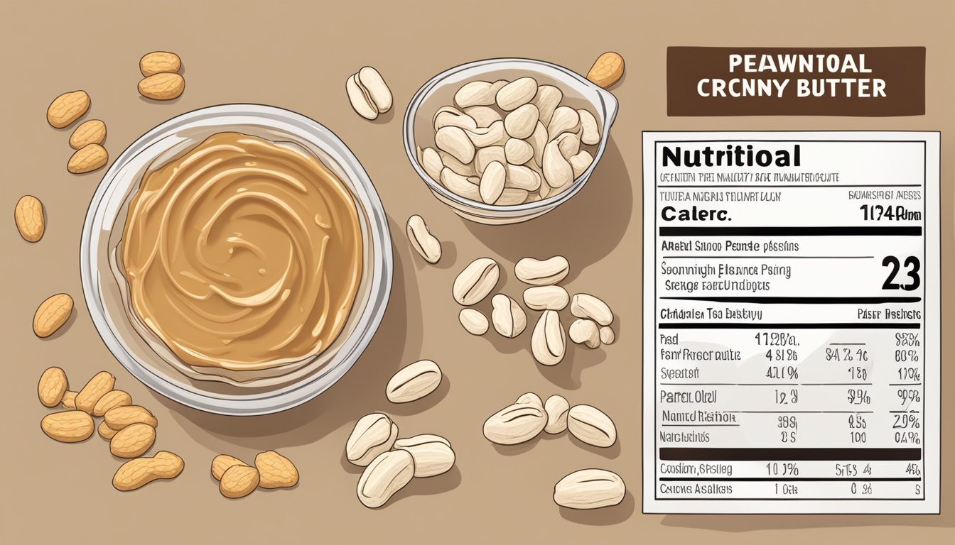 A table with a bowl of crunchy peanut butter, surrounded by scattered peanuts, a measuring spoon, and a nutritional facts label