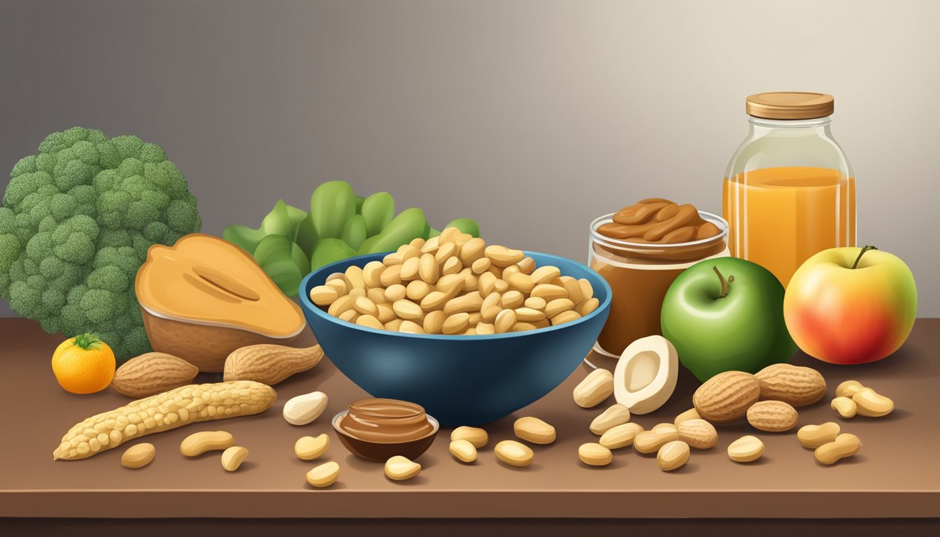 A table with a bowl of peanuts, a jar of peanut butter, and various fruits and vegetables, surrounded by vitamin and mineral supplements