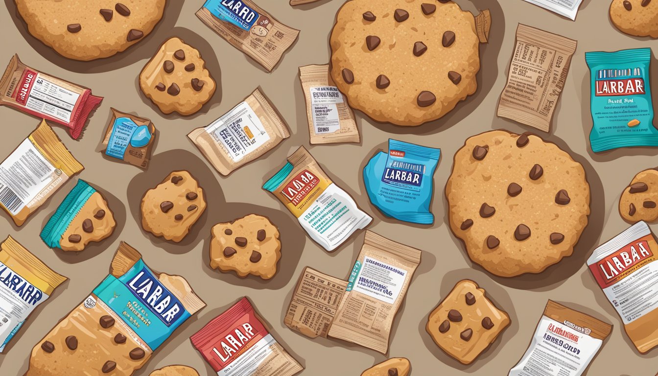 A Larabar Peanut Butter Cookie surrounded by scattered nutritional facts