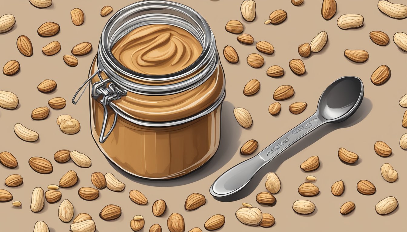 A jar of NuGo Slim Crunchy Peanut Butter surrounded by peanuts and a measuring spoon