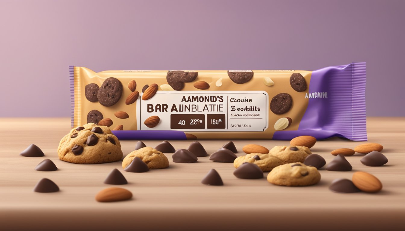 A balanced bar surrounded by cookie dough, almonds, and chocolate chips, with a nutrition label in the background