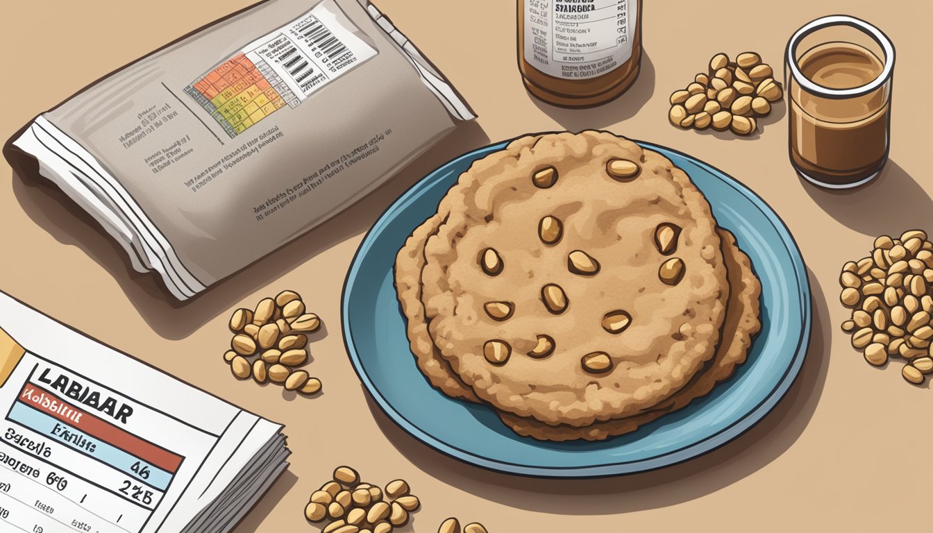 A table with a plate holding a Larabar Peanut Butter Cookie, surrounded by scattered peanuts and a nutritional facts label