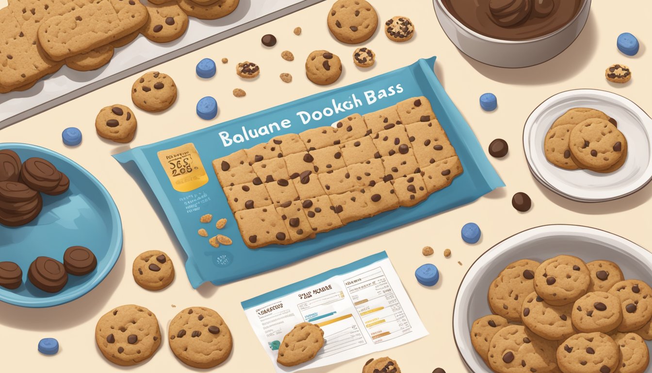 A balance bar surrounded by scattered cookie dough and nutritional facts