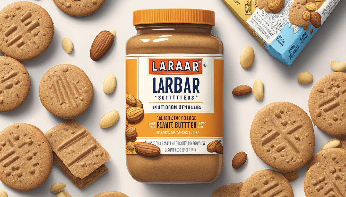 A Larabar Peanut Butter Cookie surrounded by scattered nutritional facts and ingredients, with a simple and clean layout