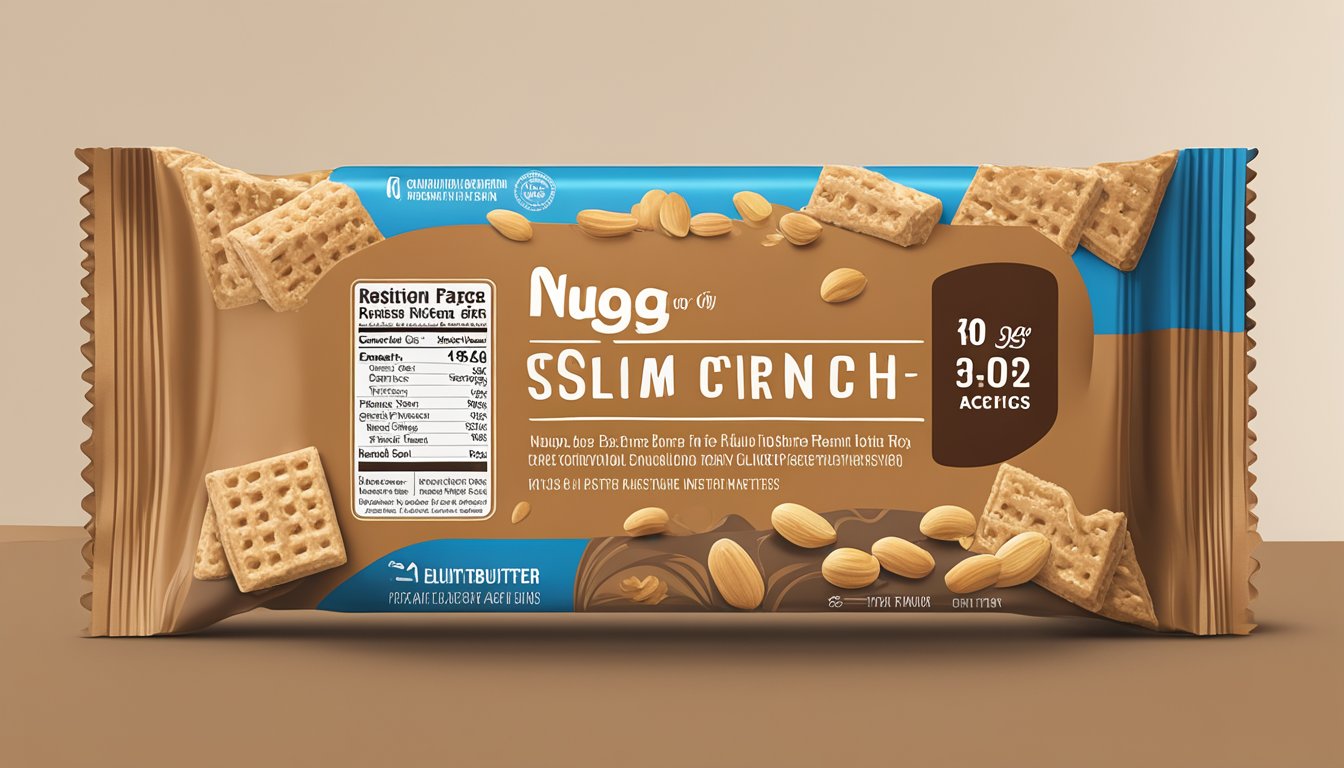 A close-up of a NuGo Slim Crunchy Peanut Butter bar with the nutritional facts displayed prominently on the packaging