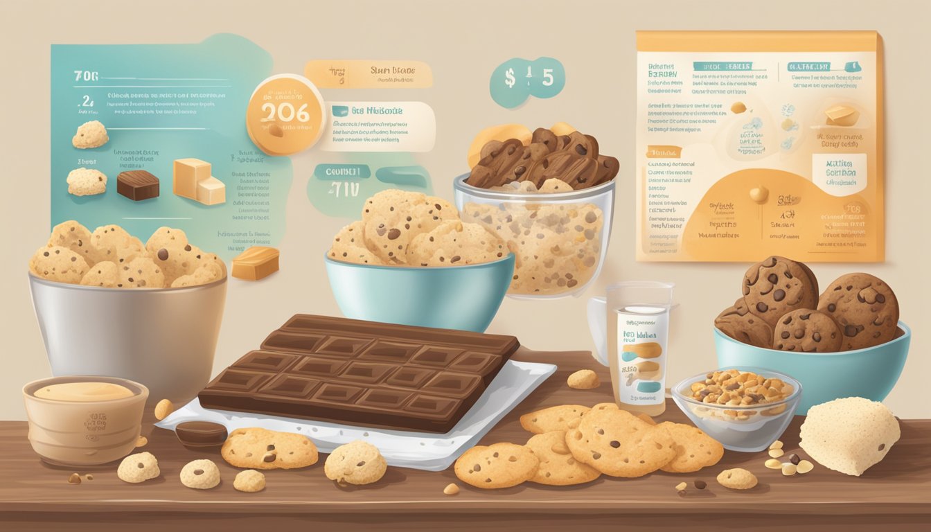 A balanced bar surrounded by cookie dough ingredients and nutritional facts