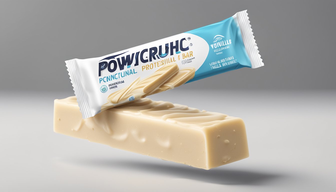 A Powercrunch Pro Protein Bar sits on a clean white surface, surrounded by scattered French vanilla beans and a creamy swirl of vanilla creme