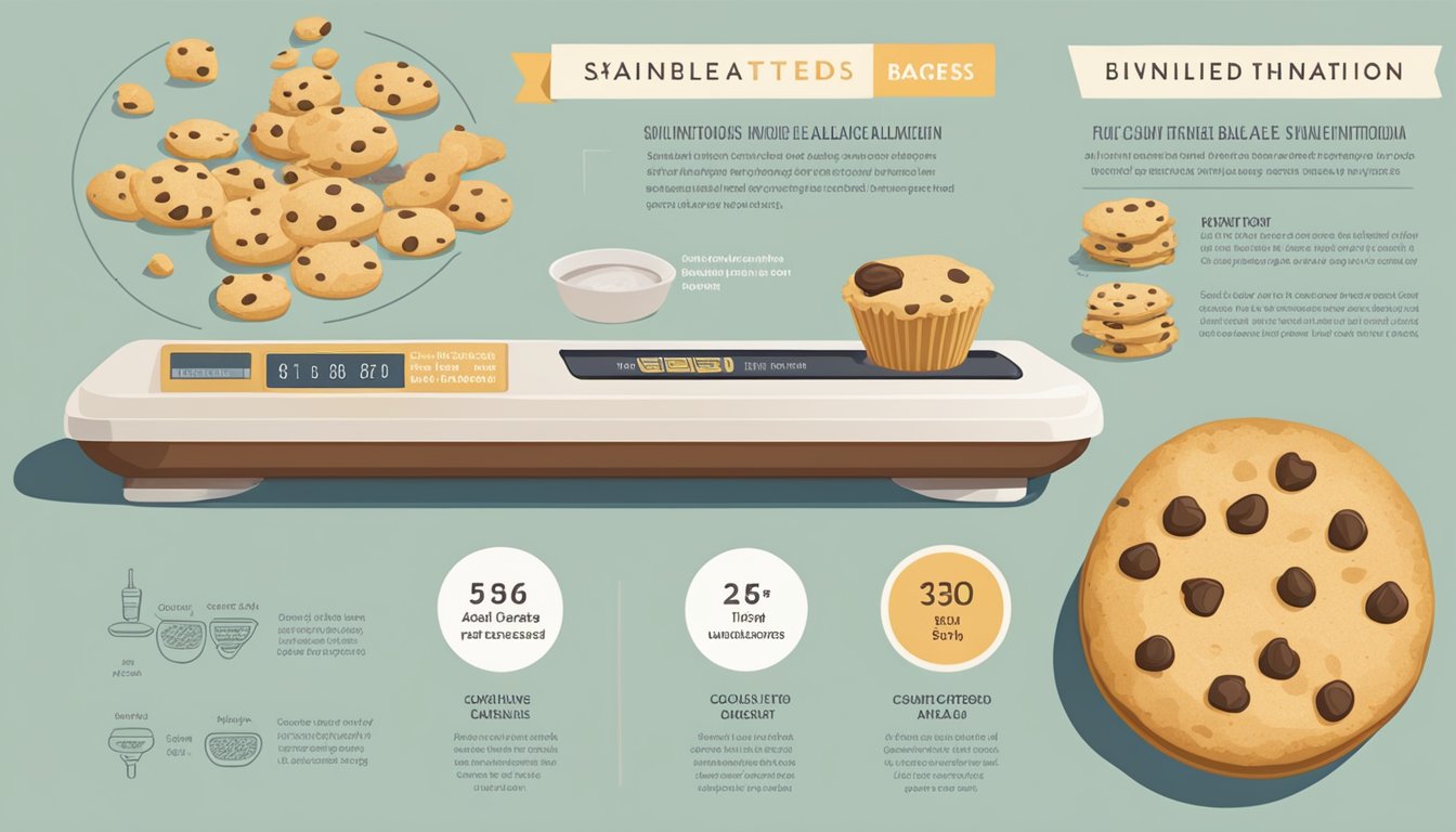 A balanced scale with a cookie dough Balance Bar on one side and nutritional facts on the other