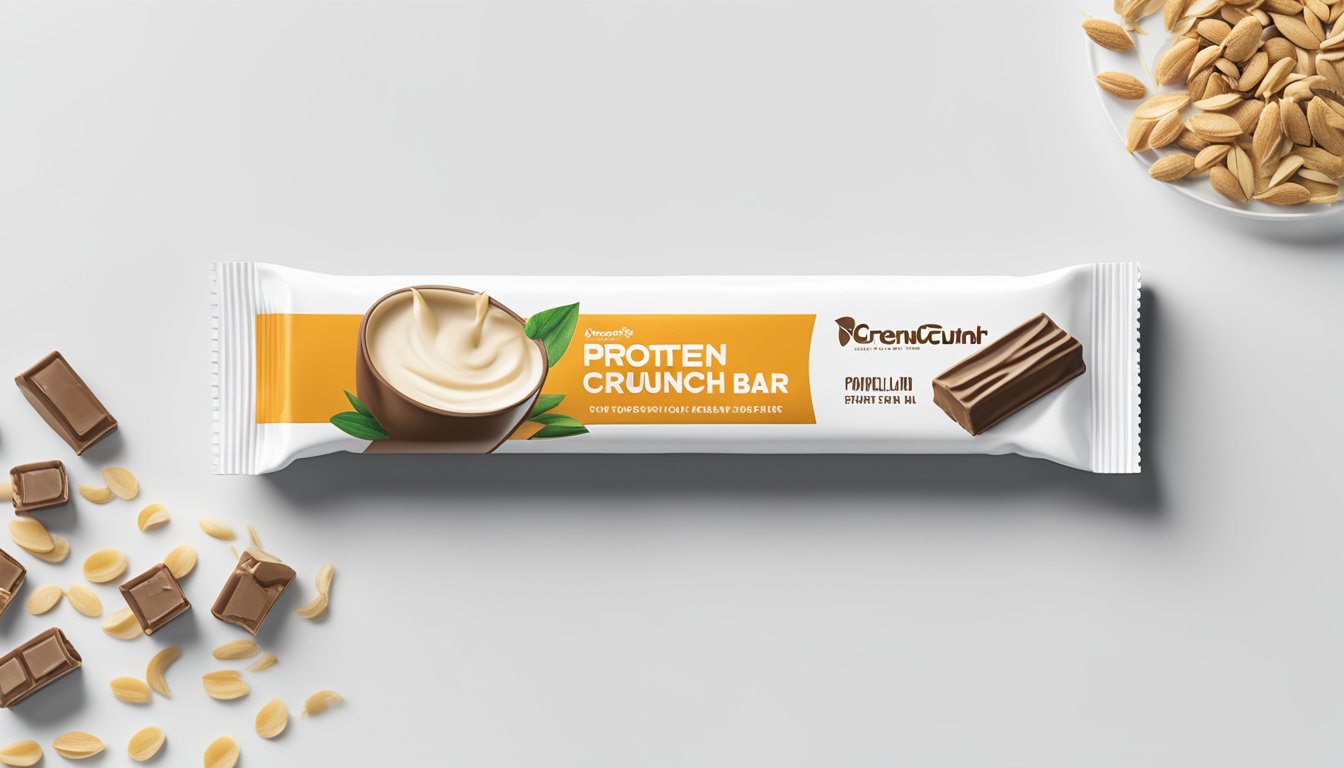 A Powercrunch Pro Protein Bar sits on a clean, white surface surrounded by scattered French vanilla beans and a glass of milk