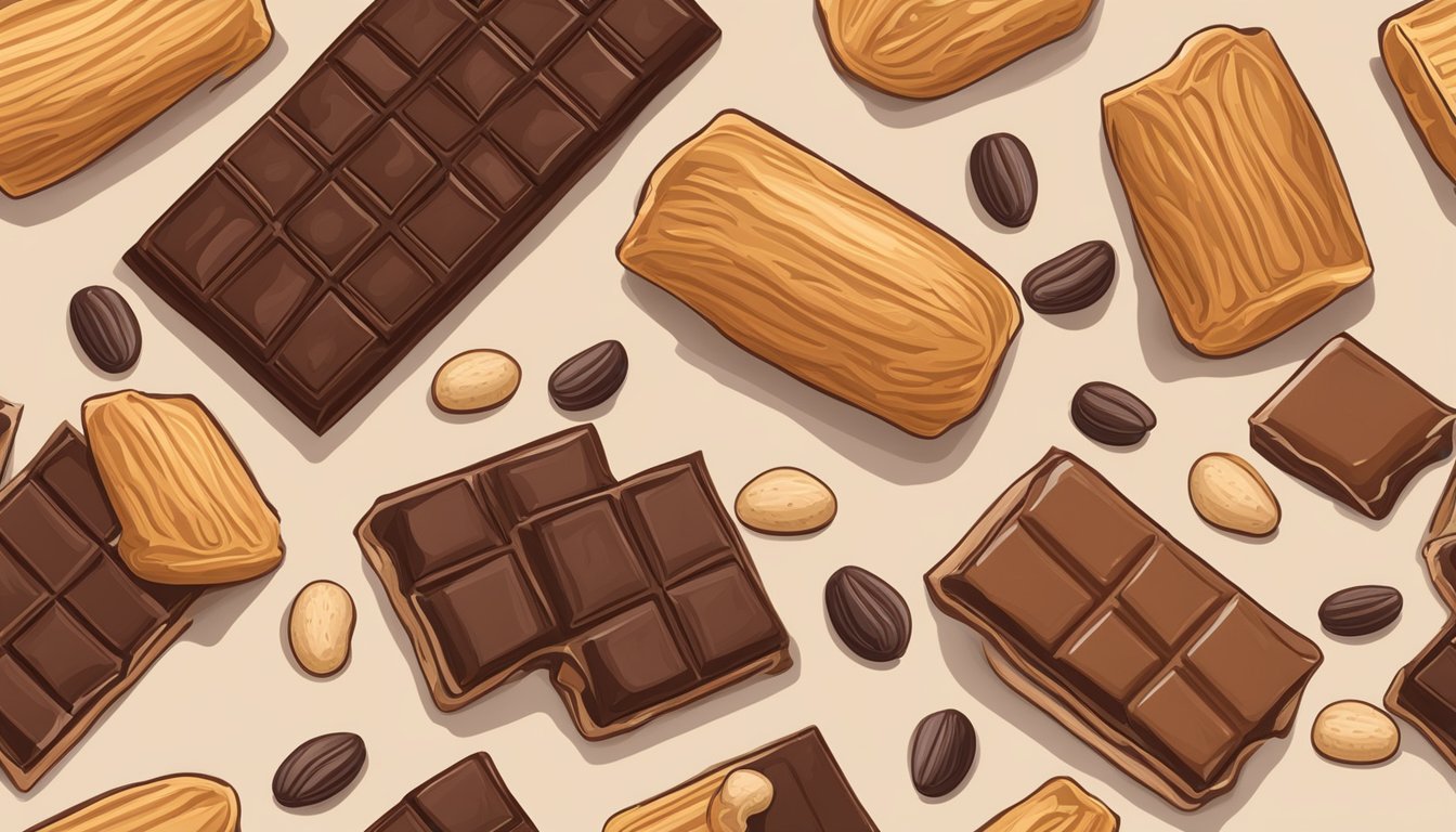 A MacroBar Peanut Butter Chocolate Chip surrounded by peanuts and cacao beans on a wooden table