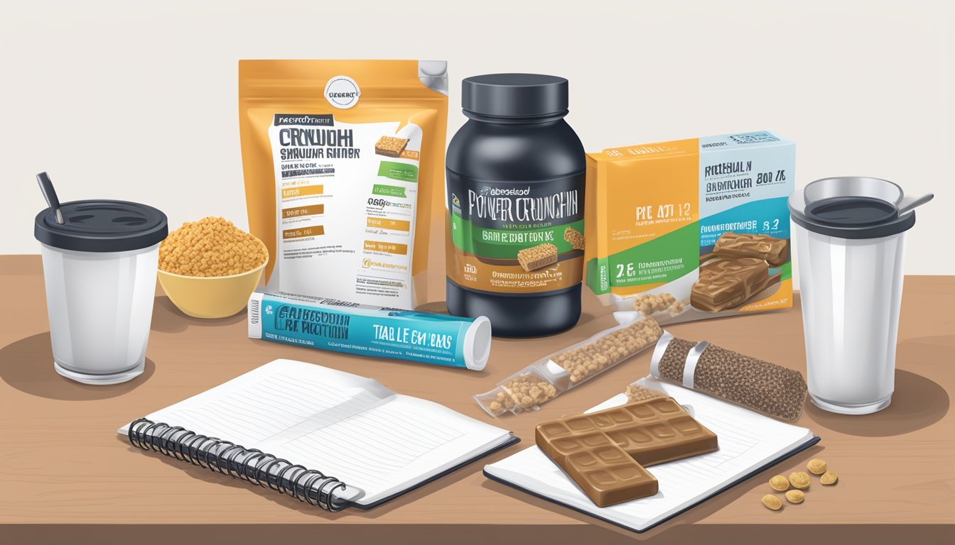 A table with a Powercrunch Pro Protein Bar, surrounded by measuring cups, a calculator, and a notebook with nutritional information