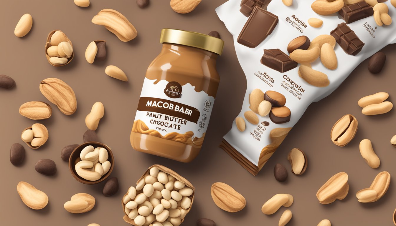 A MacroBar Peanut Butter Chocolate Chip surrounded by peanuts and cacao beans, with a spotlight highlighting the nutritional facts