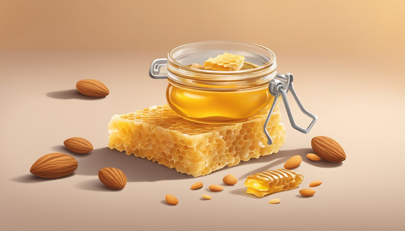 A bar of Rise Almond Honey Macronutrients rises against a backdrop of scattered almonds and honeycomb