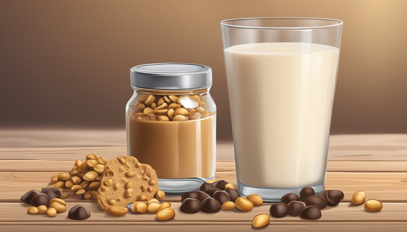 A MacroBar Peanut Butter Chocolate Chip sits on a wooden table, surrounded by scattered peanuts and chocolate chips. A glass of milk sits next to it