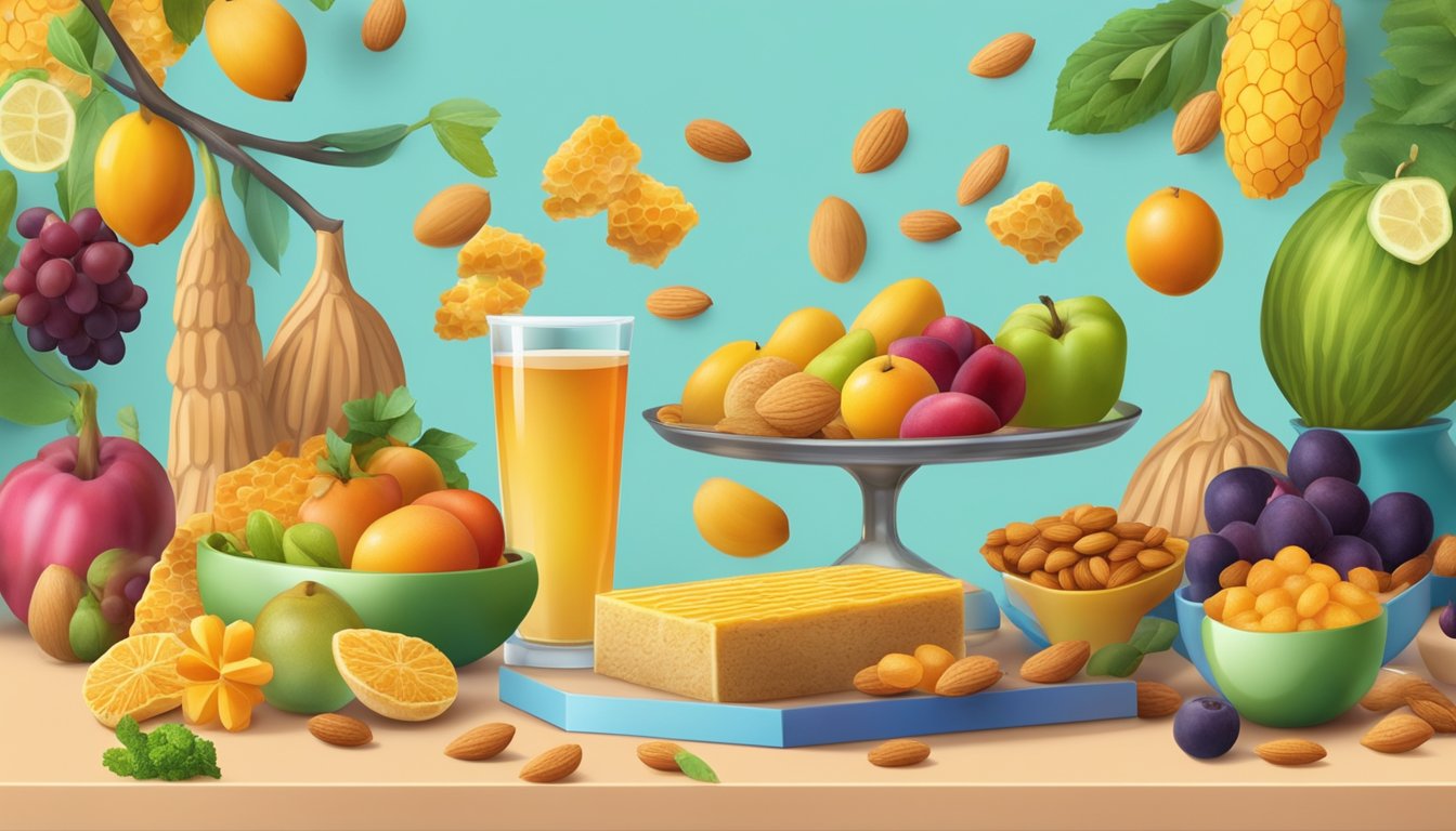 A colorful bar surrounded by scattered almonds and honeycomb, with a backdrop of various fruits and vegetables