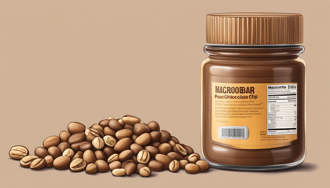 A MacroBar Peanut Butter Chocolate Chip surrounded by peanuts, cacao beans, and a measuring tape