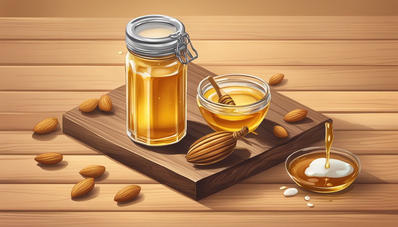 A bar of Rise Almond Honey rests on a wooden surface, surrounded by scattered almonds and a drizzle of honey