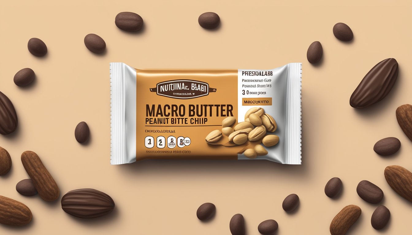 A MacroBar Peanut Butter Chocolate Chip surrounded by peanuts and cacao beans, with a nutrition label in the background