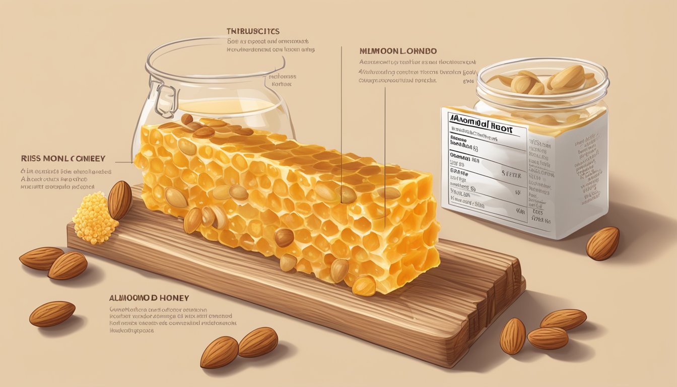 An open Rise Bar Almond Honey with scattered almonds and a honeycomb, surrounded by a list of nutritional facts