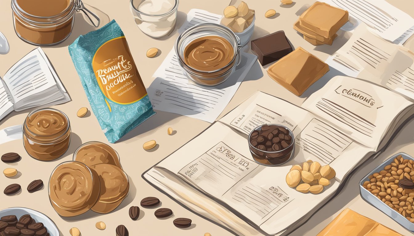 A MacroBar Peanut Butter Chocolate Chip sits next to a recipe book with various food pairings, surrounded by scattered nutritional facts