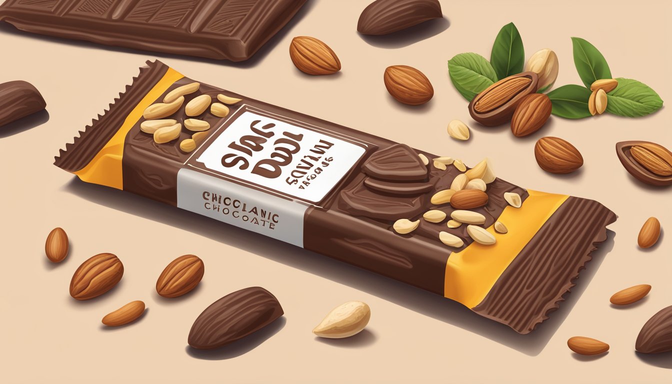 A colorful illustration of a Skout Organic Trailbar Chocolate Peanut Butter surrounded by various nuts and cacao pods