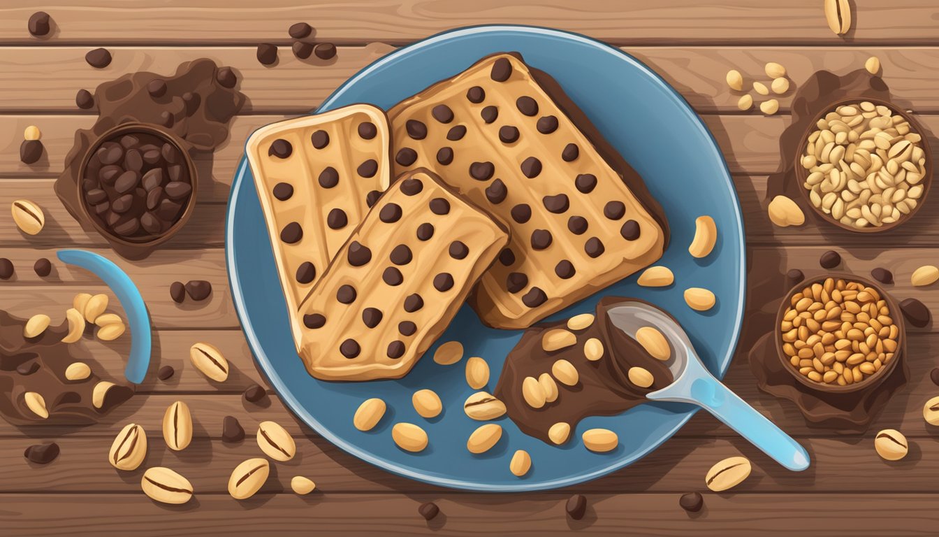 A MacroBar Peanut Butter Chocolate Chip surrounded by peanuts and chocolate chips on a wooden table