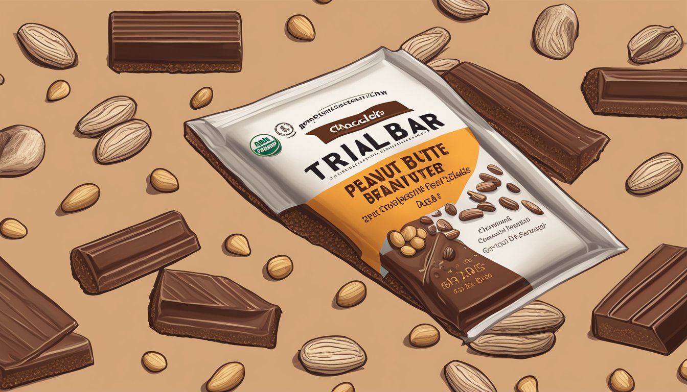 A chocolate peanut butter Skout Organic Trailbar surrounded by natural ingredients like peanuts, cacao beans, and dates