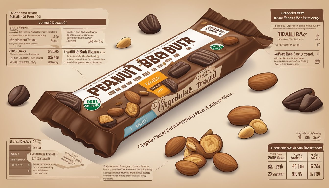 A chocolate peanut butter Skout Organic Trailbar surrounded by scattered nuts and cacao beans, with a focus on the nutritional facts label