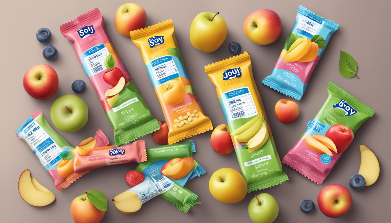 A colorful array of Soyjoy Fruit Bars surrounded by fresh apples and a nutrition label