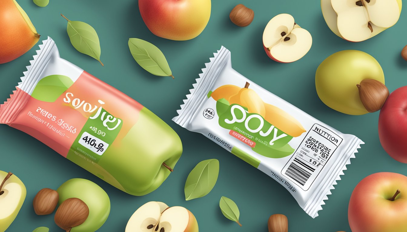 A soyjoy fruit bar surrounded by fresh apples and a nutrition label