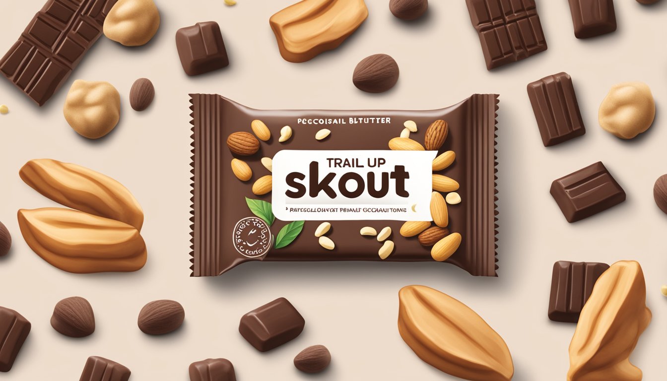 A close-up of a Skout Organic Trailbar in Chocolate Peanut Butter flavor, surrounded by scattered peanuts and cacao pods