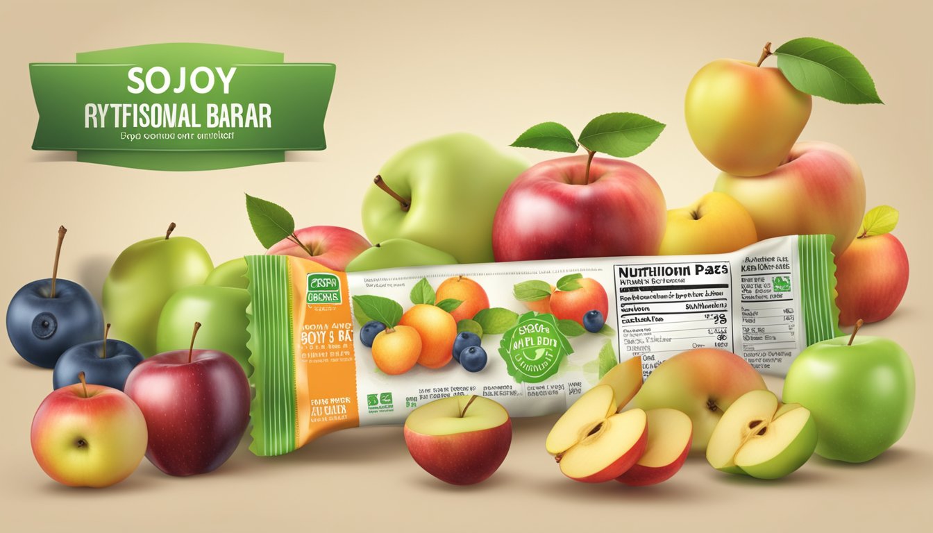 A colorful illustration of a Soyjoy Fruit Bar Apple surrounded by fresh apples and a variety of other fruits, with a focus on the nutritional facts label