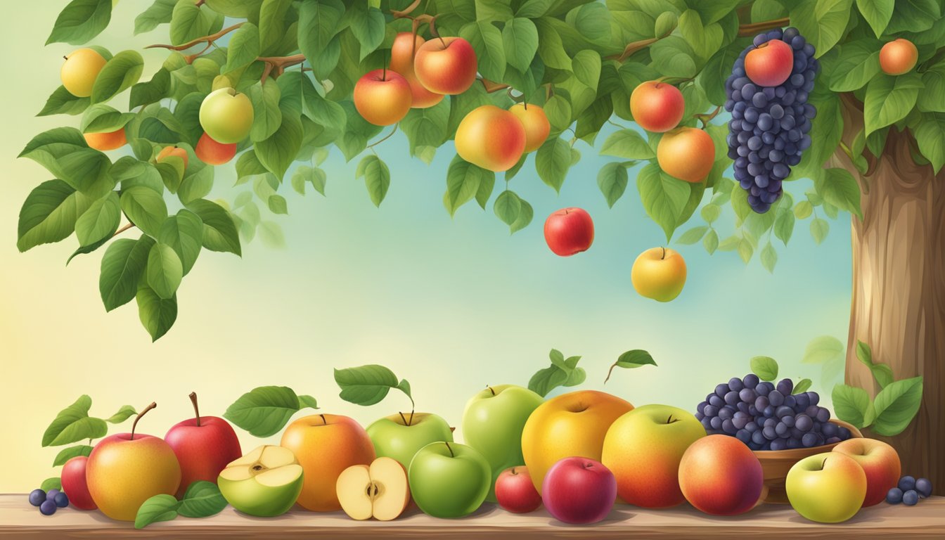 A colorful fruit bar surrounded by apples and a soybean plant