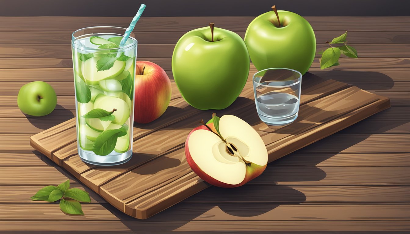 A Soyjoy Fruit Bar Apple surrounded by fresh apples and a glass of water on a wooden table