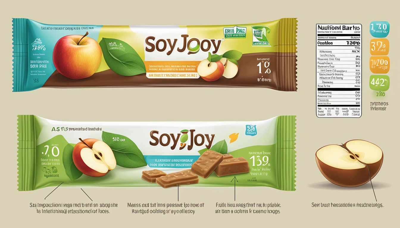 A Soyjoy Fruit Bar and an apple are placed side by side, with their nutritional facts displayed next to them for comparison