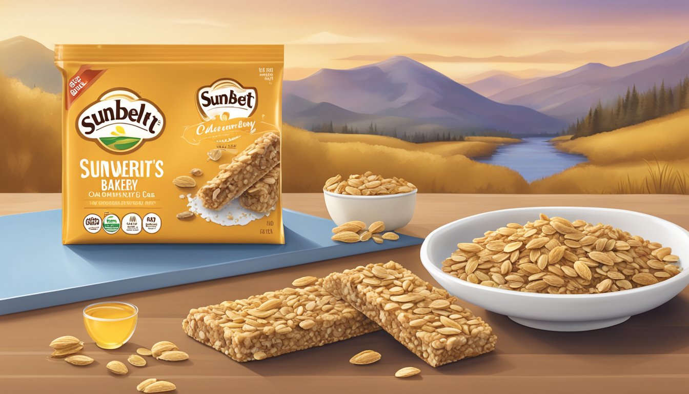 A table with a package of Sunbelt Bakery Oats & Honey Chewy Granola Bars surrounded by scattered oats and honey