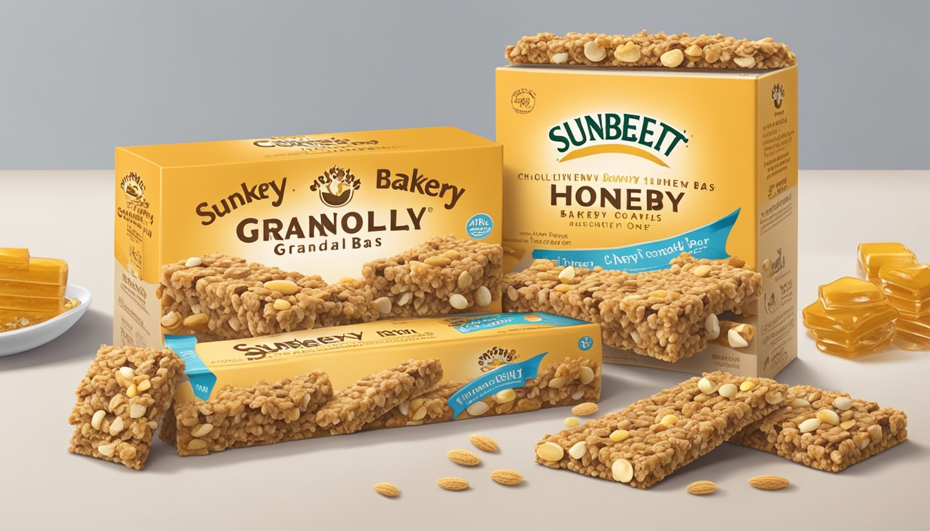 A table with a box of Sunbelt Bakery Oats & Honey Chewy Granola Bars, surrounded by scattered oats and honey