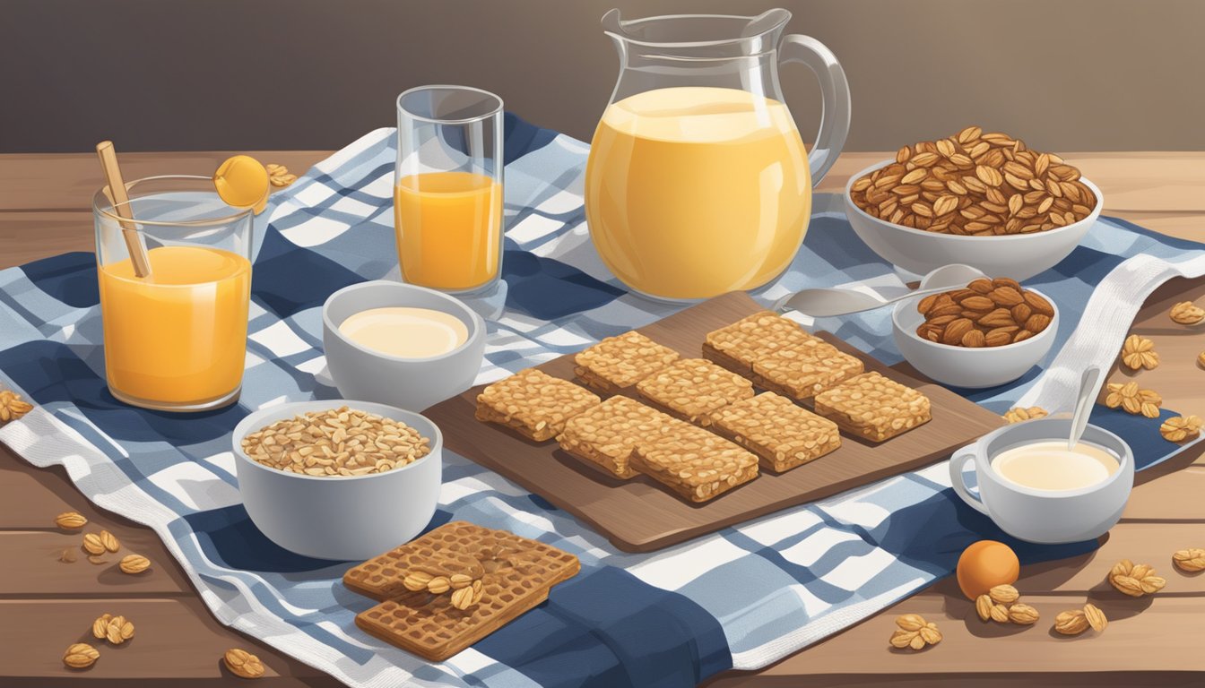 A picnic blanket with scattered oats, honey, and granola bars, surrounded by fresh fruit and a glass of milk