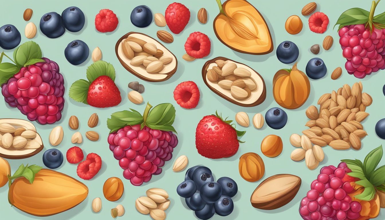 A colorful array of fresh berries and nuts arranged around a nutritional label