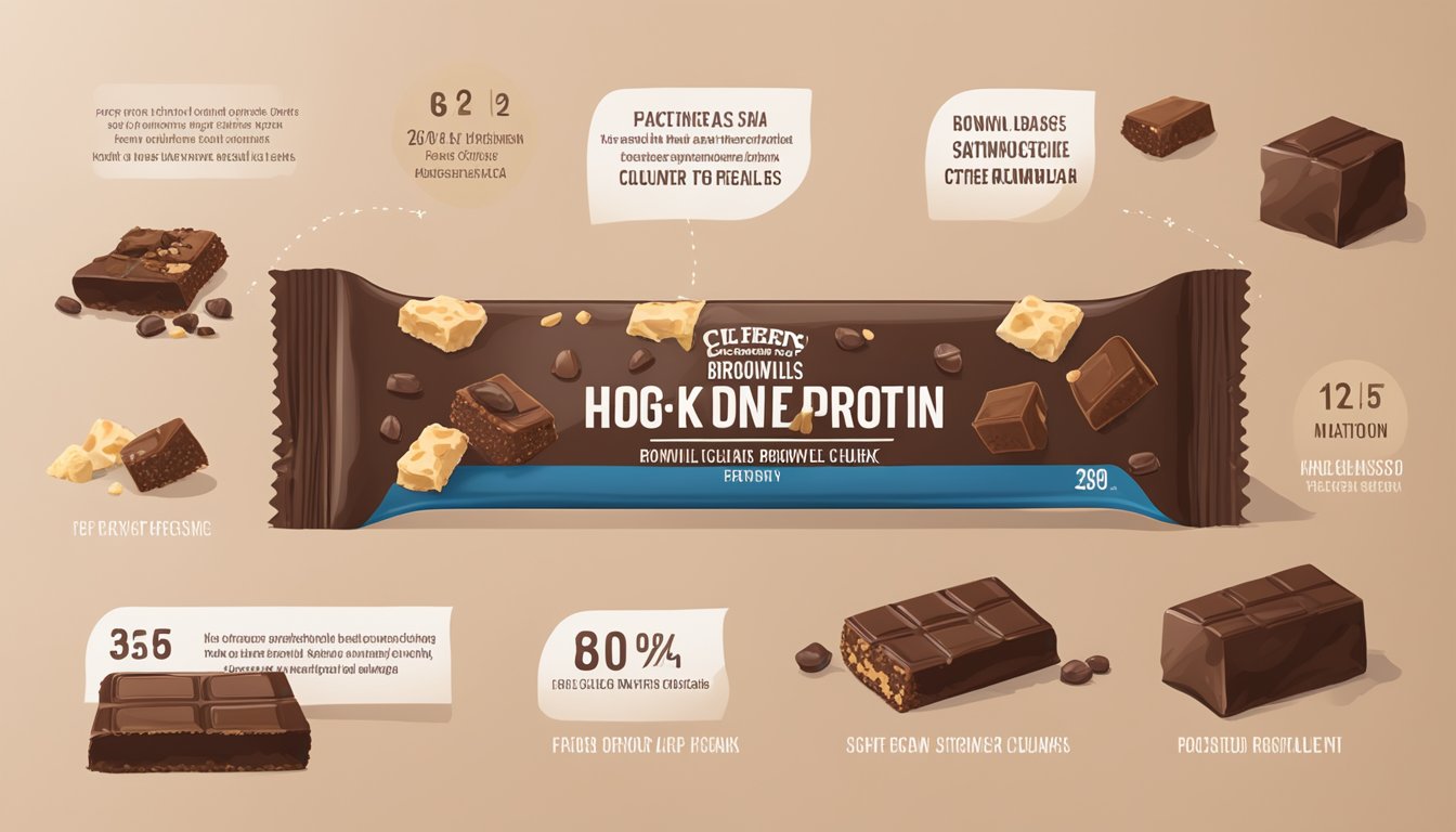 A high protein bar surrounded by scattered brownie chunks and a nutritional label