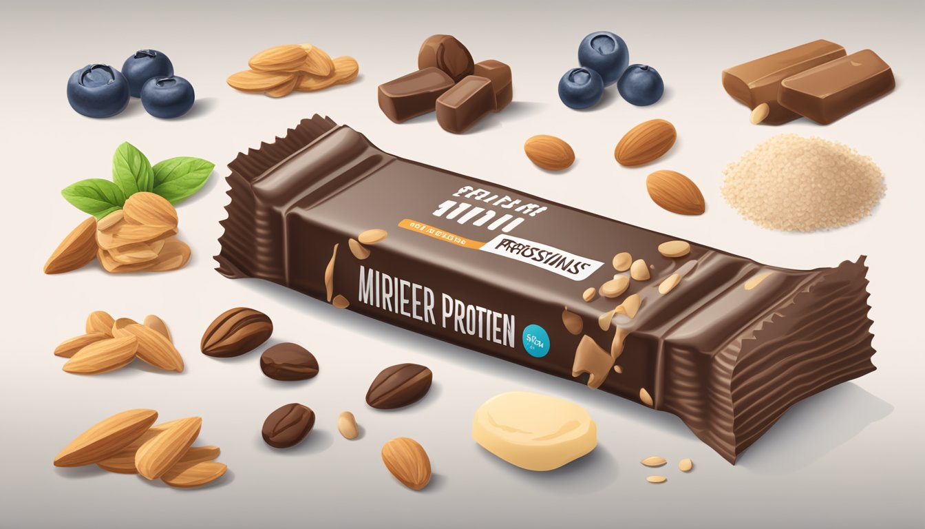 A high protein bar surrounded by scattered ingredients and a nutrition label