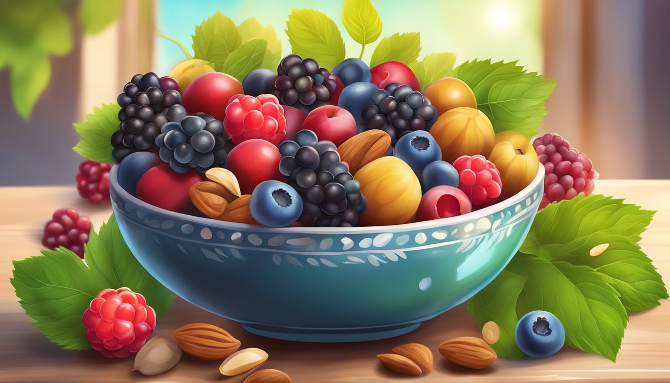 A vibrant, overflowing bowl of assorted ripe berries and nuts, surrounded by fresh green leaves and a shining sun in the background