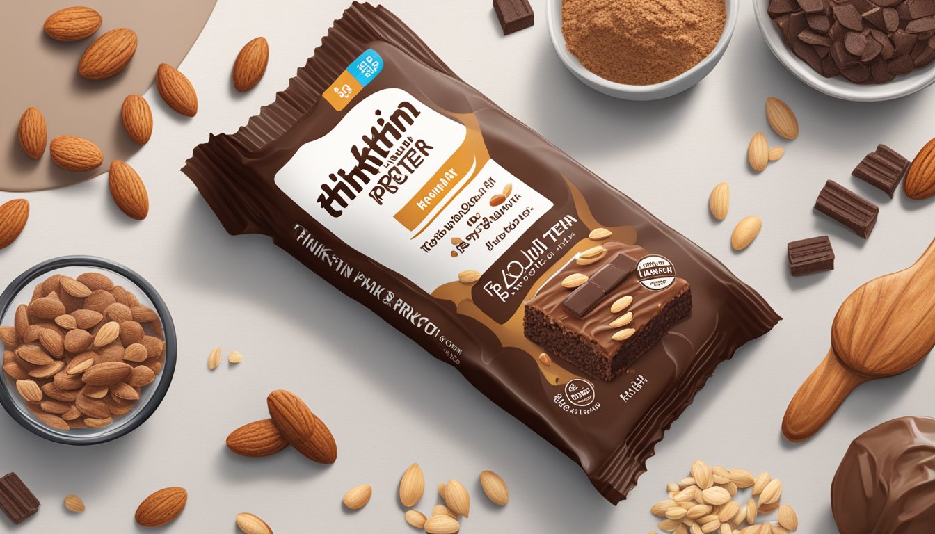 A thinkThin High Protein Bar Brownie Crunch surrounded by ingredients like almonds, cocoa, and whey protein isolate