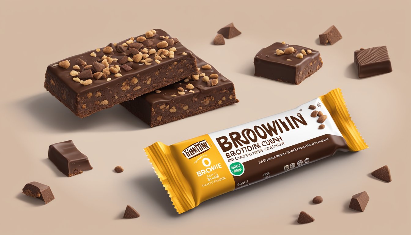 A thinkThin High Protein Bar surrounded by scattered brownie pieces and a bold "Brownie Crunch" label